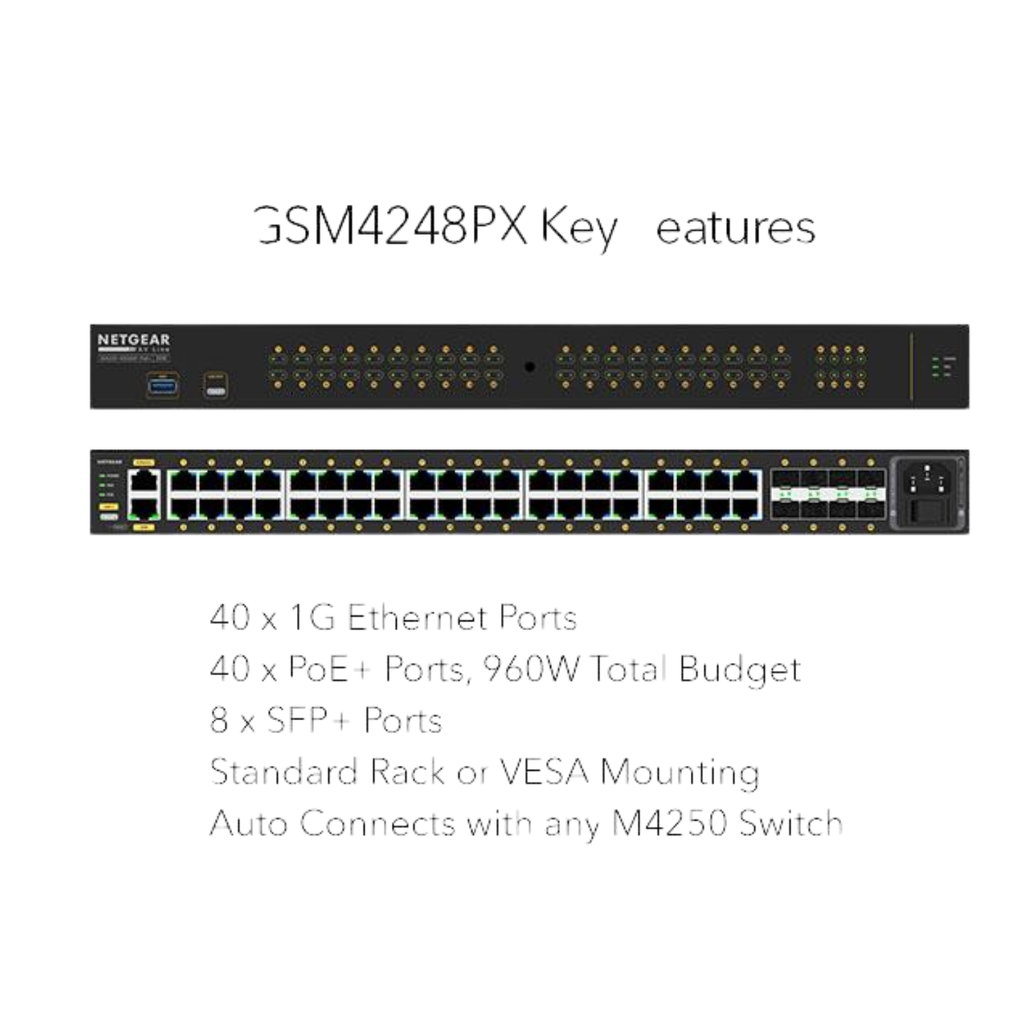 NETGEAR AV Line M4250-40G8XF-PoE+ – Switch Administrable con 40 Puertos Gigabit PoE+, 8 Puertos 10G SFP+, 960W PoE, Optimizado para Audio/Video sobre IP – Rackmount