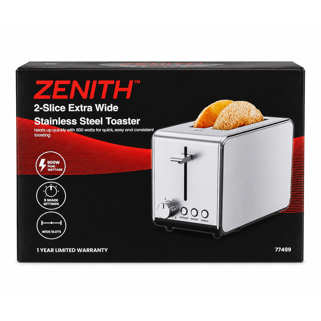 Zenith 77499 - Tostador de 2 Rebanadas con Ranuras Extra Anchas, Acero Inoxidable con Ajuste de Dorado y Bandeja de Migas Removible