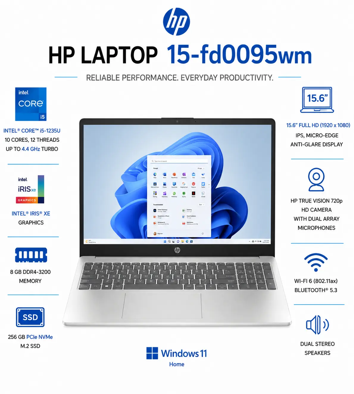 HP 15-fd0095 - 15.6" FHD - Intel Core i5-1235U - 8GB RAM - 256GB SSD - Windows 11 - Silver