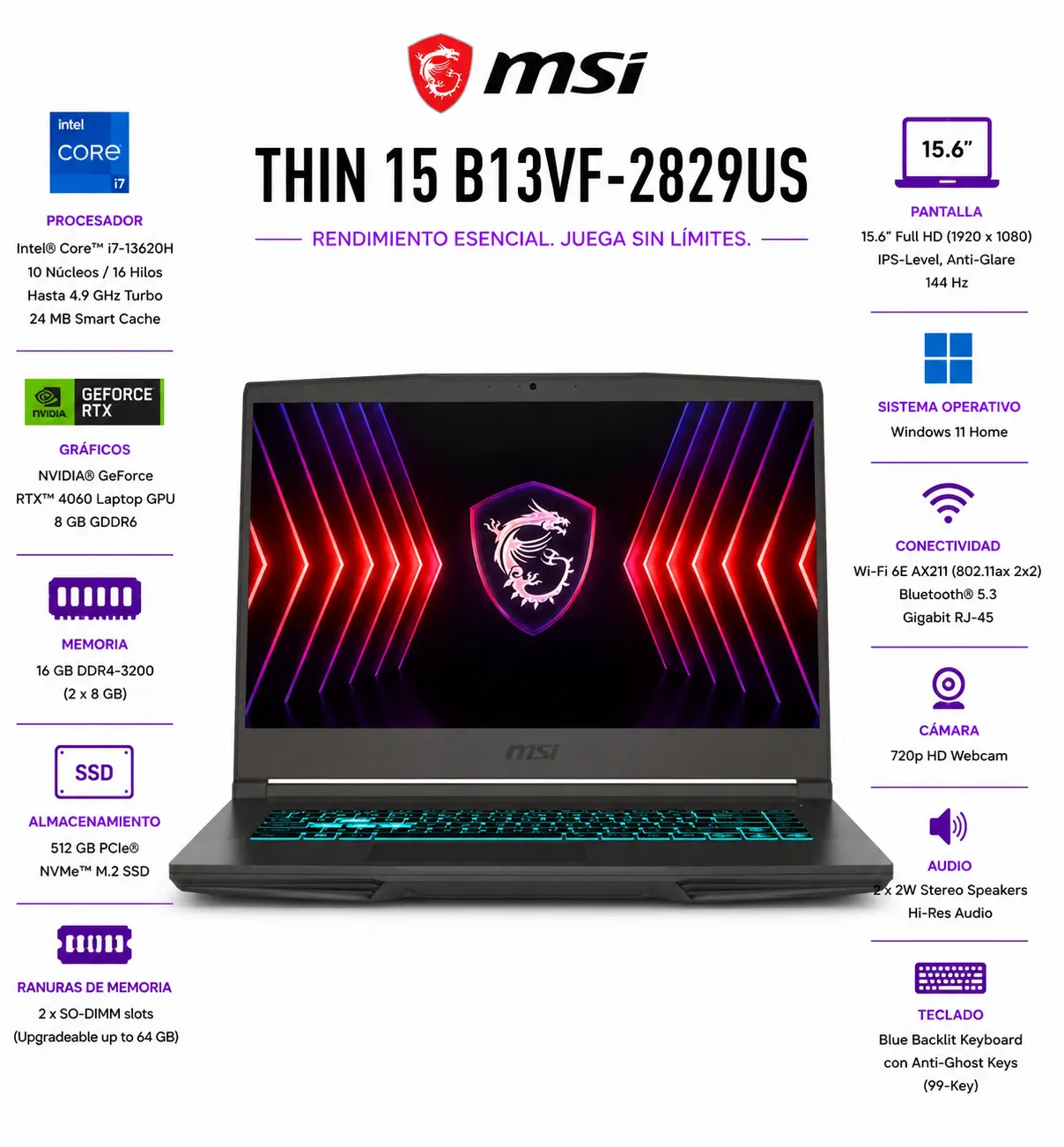 MSI Thin 15.6" FHD - Intel Core i5-13420H - NVIDIA GeForce RTX 4060 - 16GB - 512GB SSD - Gray