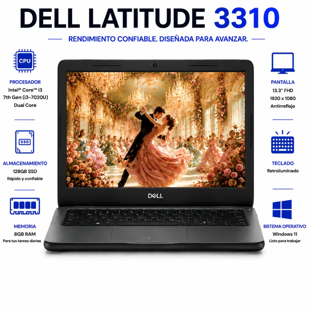 Refurbished - Dell Latitude 3310 intel Core i3-8145U @ 2.10GHz 8GB Ram 128GB SSD ENGLISH/SPANISH Keyboard Windows 11 Pro *Grade A*