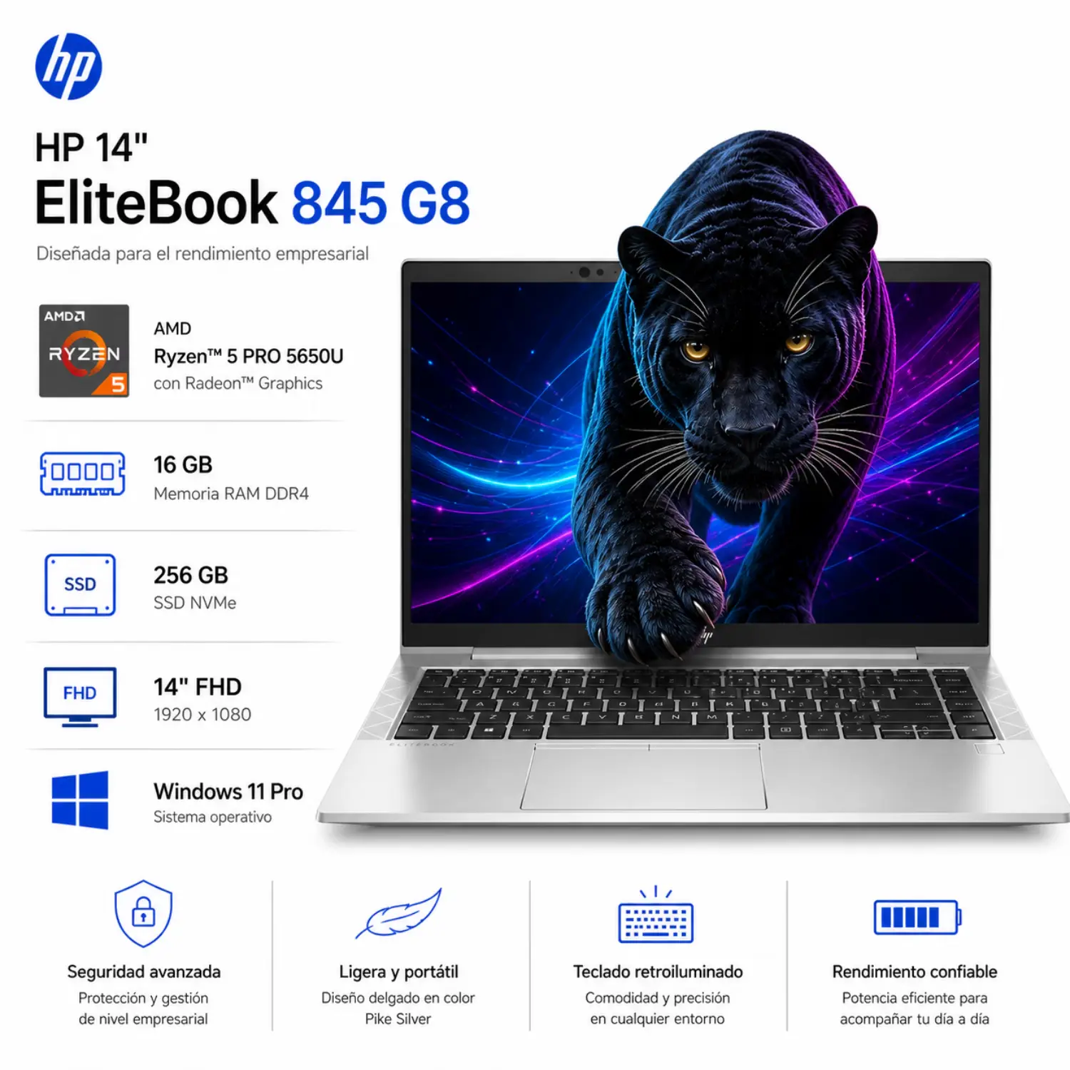 Reacondicionado-HP EliteBook 845 G8 14" FHD Ryzen 5 PRO 5650U 16GB RAM 256GB SSD Win11 Pro Grade A