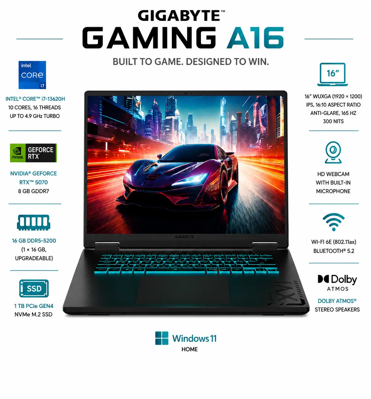 GIGABYTE - GAMING A16 - 16" 165Hz WUXGA Intel Core i7-13620H 16GB RAM - 1TB SSD - GeForce RTX 5060 - Black Steel