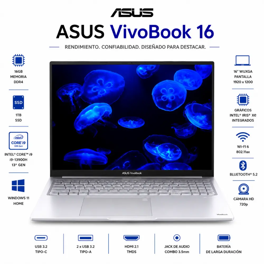 ASUS VivoBook 16" WUXGA Intel Core i9-13900H 16GB 1TB SSD Windows 11 Cool Silver