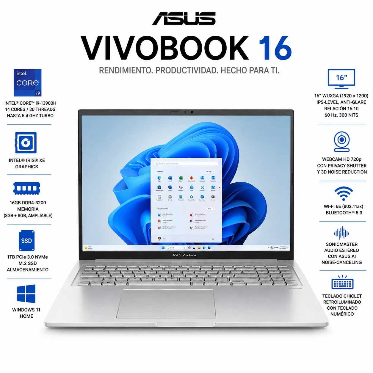 ASUS VivoBook 16" WUXGA Intel Core i9-13900H 16GB 1TB SSD Windows 11 Cool Silver