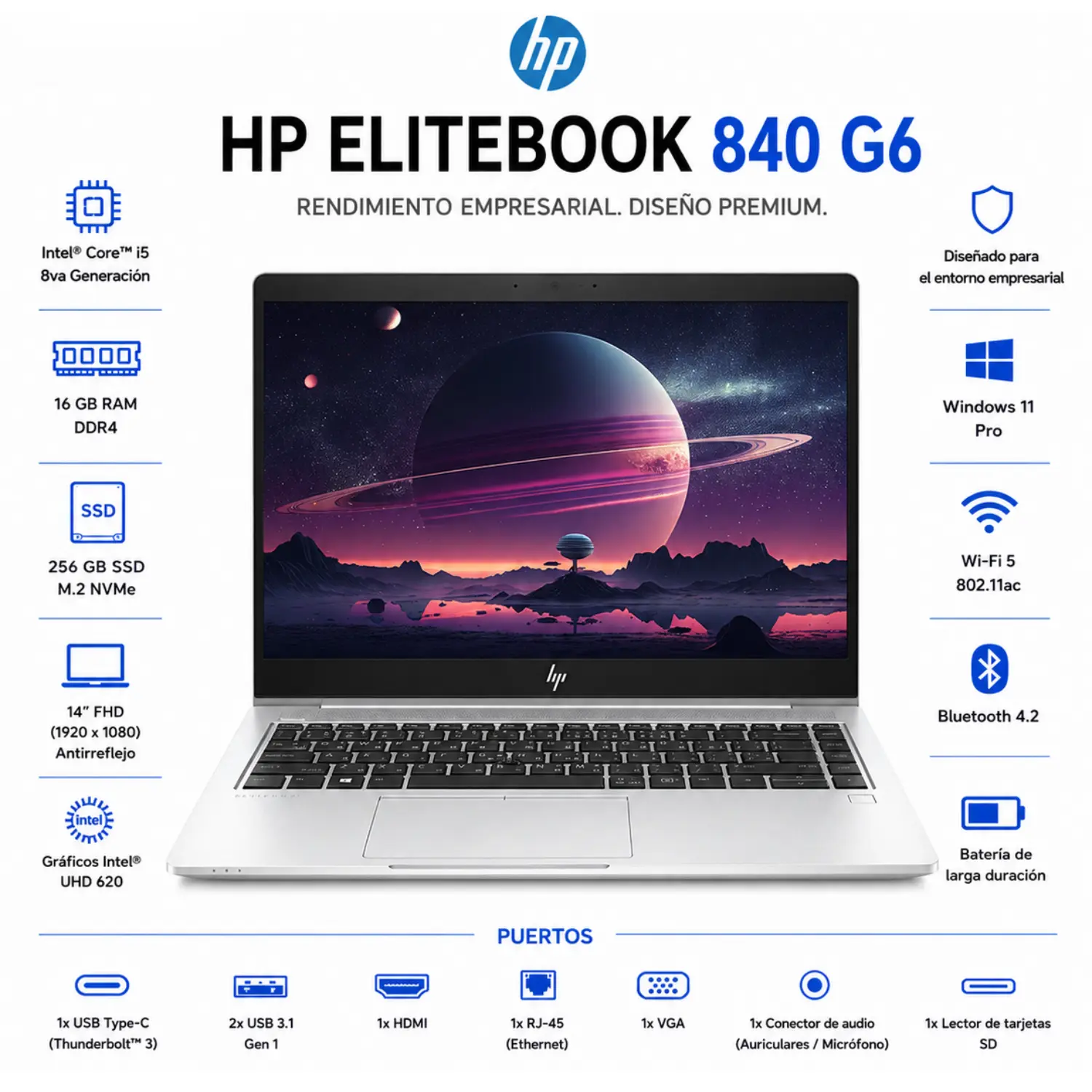 Certified HP EliteBook 840 G6 | 1920x1080 | Intel Core i5-8365U CPU @ 1.60GHz | 16 GB DDR4 | 512 GB SSD NVMe | Microsoft Windows 11 Pro | BL | CAM, WWAN, FPR (CTO) **GRADE A**