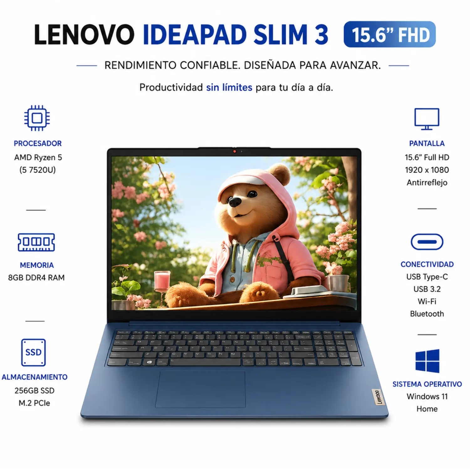 Lenovo - IdeaPad Slim 3 15.6" Full HD Laptop - AMD Ryzen 5 40 2025 - 8GB Memory- 256GB SSD - Abyss Blue