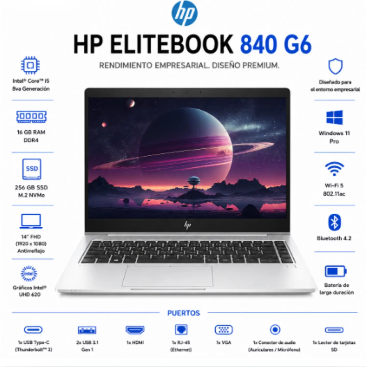[840G6-I5-16-256/RFB] HP EliteBook 840 G6 – Intel Core i5-8365U, 16GB RAM, 256GB SSD, Pantalla 14" FHD, Windows 11 Pro, Pike Silver, Backlit Keyboard, Webcam, NFC, FPR (Grade A)