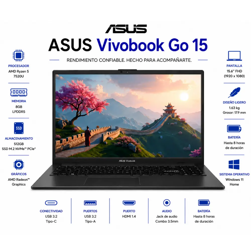 [E1504FA-WS51/NEW] ASUS - Vivobook Go 15" Laptop FHD - Ryzen 5 7520U with 8GB RAM - 512GB SSD - Black