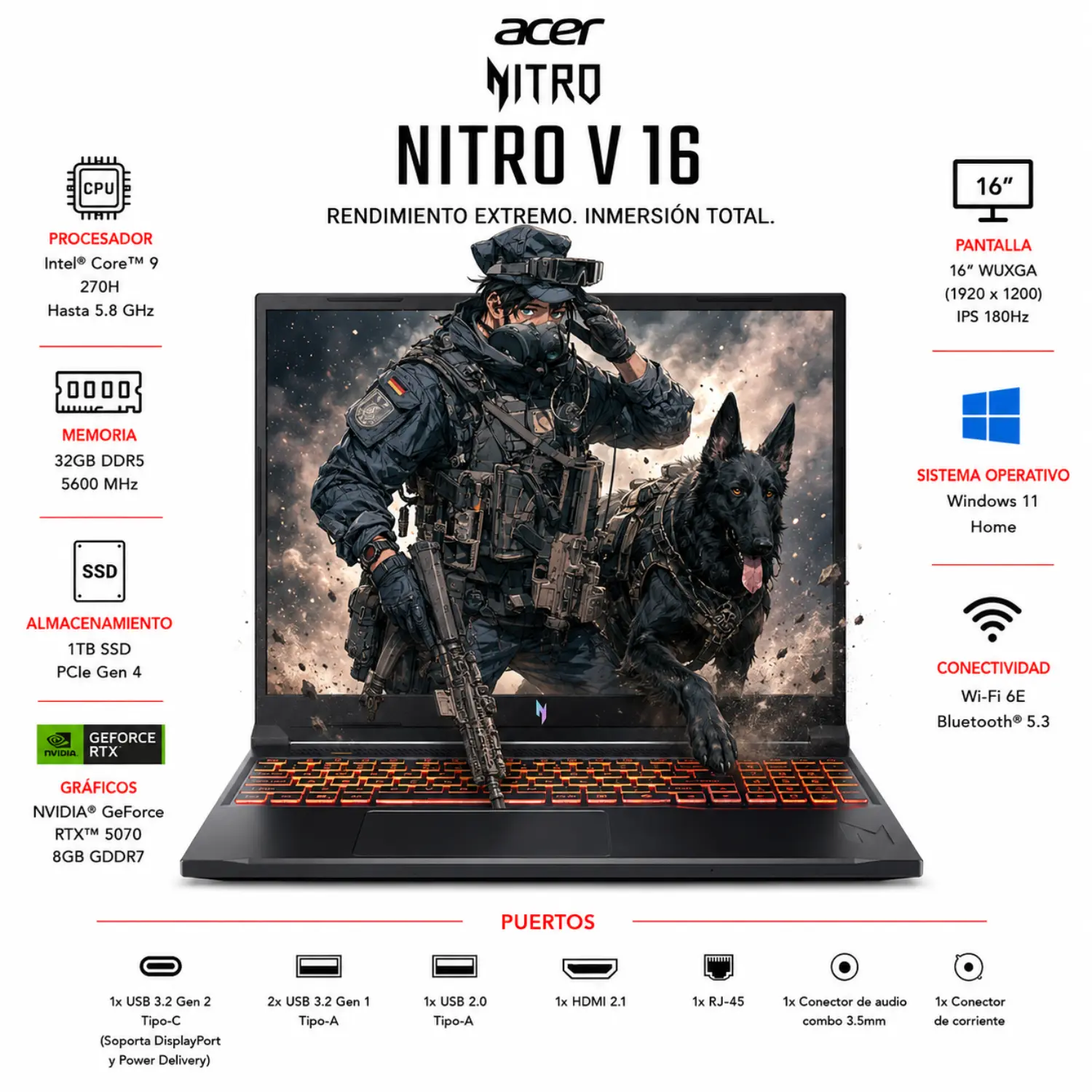 [NH.U2FAA.003/NEW] Acer Nitro V Gaming Laptop | Procesador Intel Core Ultra 9 270H | GPU NVIDIA GeForce RTX 5070 para portátil | visualización WUXGA IPS de 16 Pulgadas | 32 GB DDR5 | SSD Gen 4 de 1 TB | Wi-Fi 6 