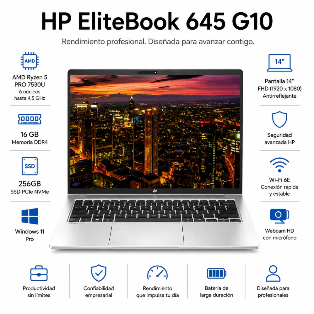 [645G10-R5-16-256-B/RFB] HP EliteBook 645 G10 14" FHD Ryzen 5 Pro 16GB RAM 256GB SSD Windows 11 Pro (Reacondicionado)