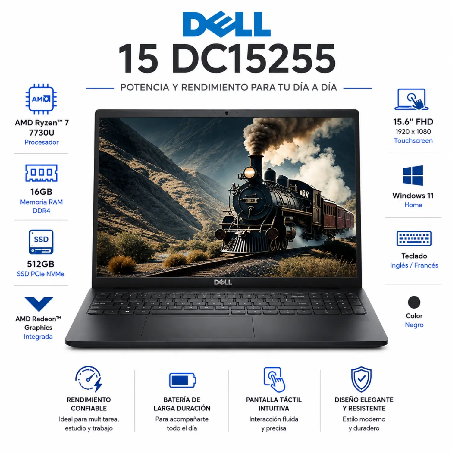 [LDC15255-A117BLK-PUS/NEW] Laptop Dell 15 DC15255 Touch 15.6 FHD Ryzen 7 16GB RAM 512GB SSD Windows 11 Black