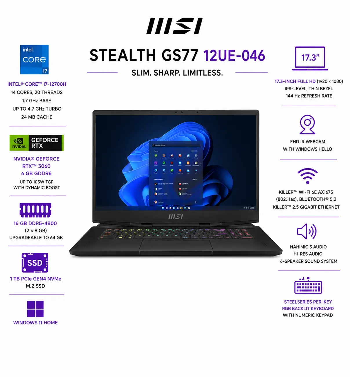[Stealth7712046/NEW] MSI Stealth GS77 Gaming 17.3" FHD- Intel Core i7-12700H - GeForce RTX 3060 - 16GB RAM - 1TB SSD - Windows 11 Home