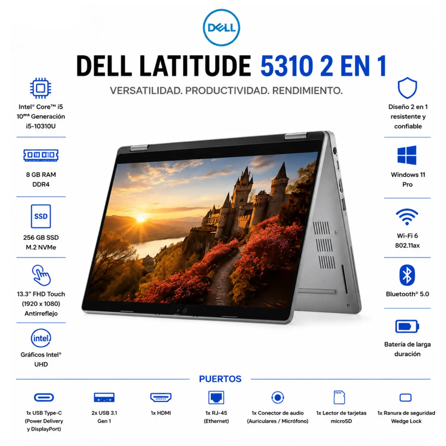 [DE5310-2IN1-I5-8-256/RFB] Reacondicionado-Laptop Dell Latitude 5310 2 en 1 Touch 13.3 FHD Intel Core i5 8GB RAM 256GB SSD Windows 11
